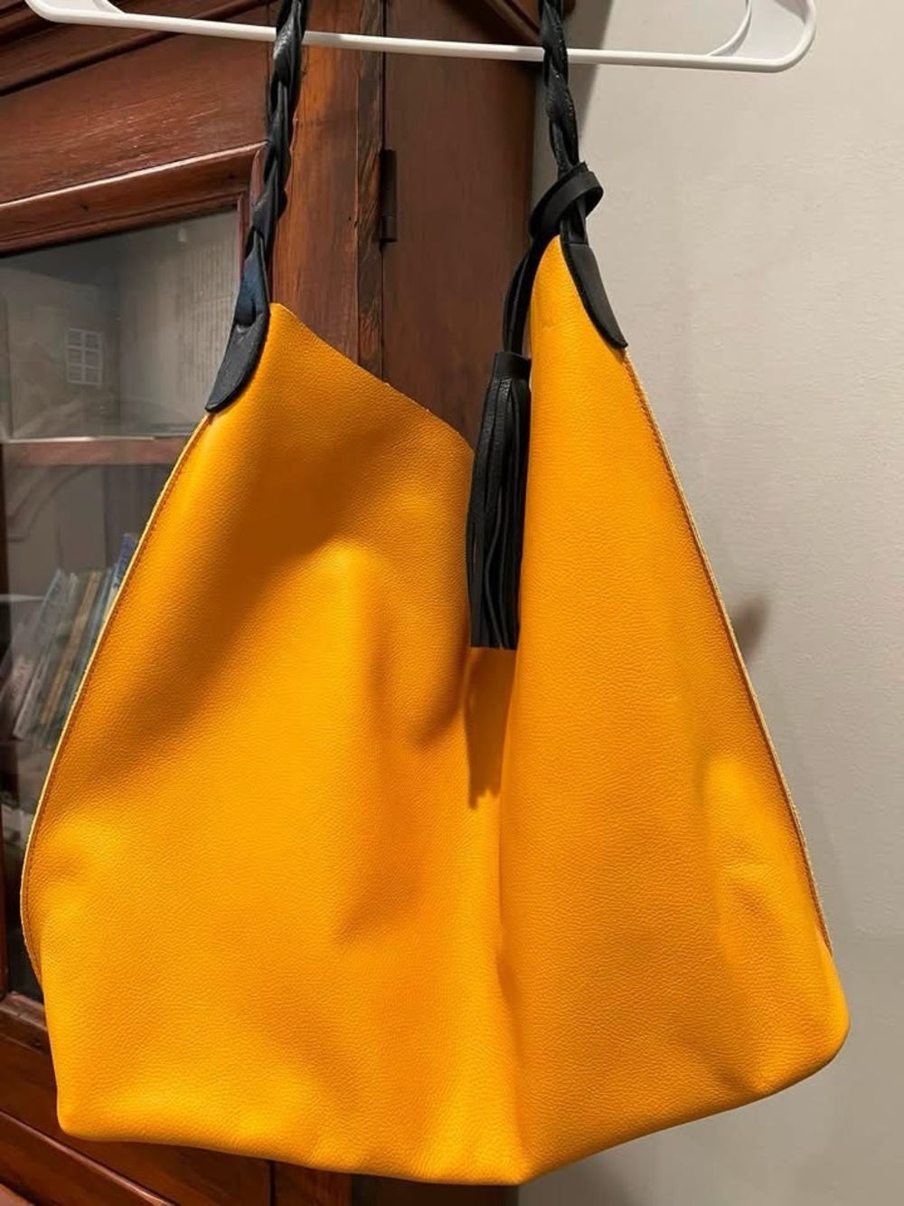 Yellow Hobo Tote with Black Braided Handles